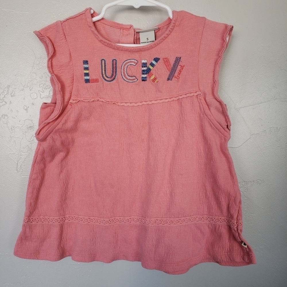 Lucky Brand Little Girl 5 Coral Pink Cap Sleeve Blouse Embroidered Logo Shirt